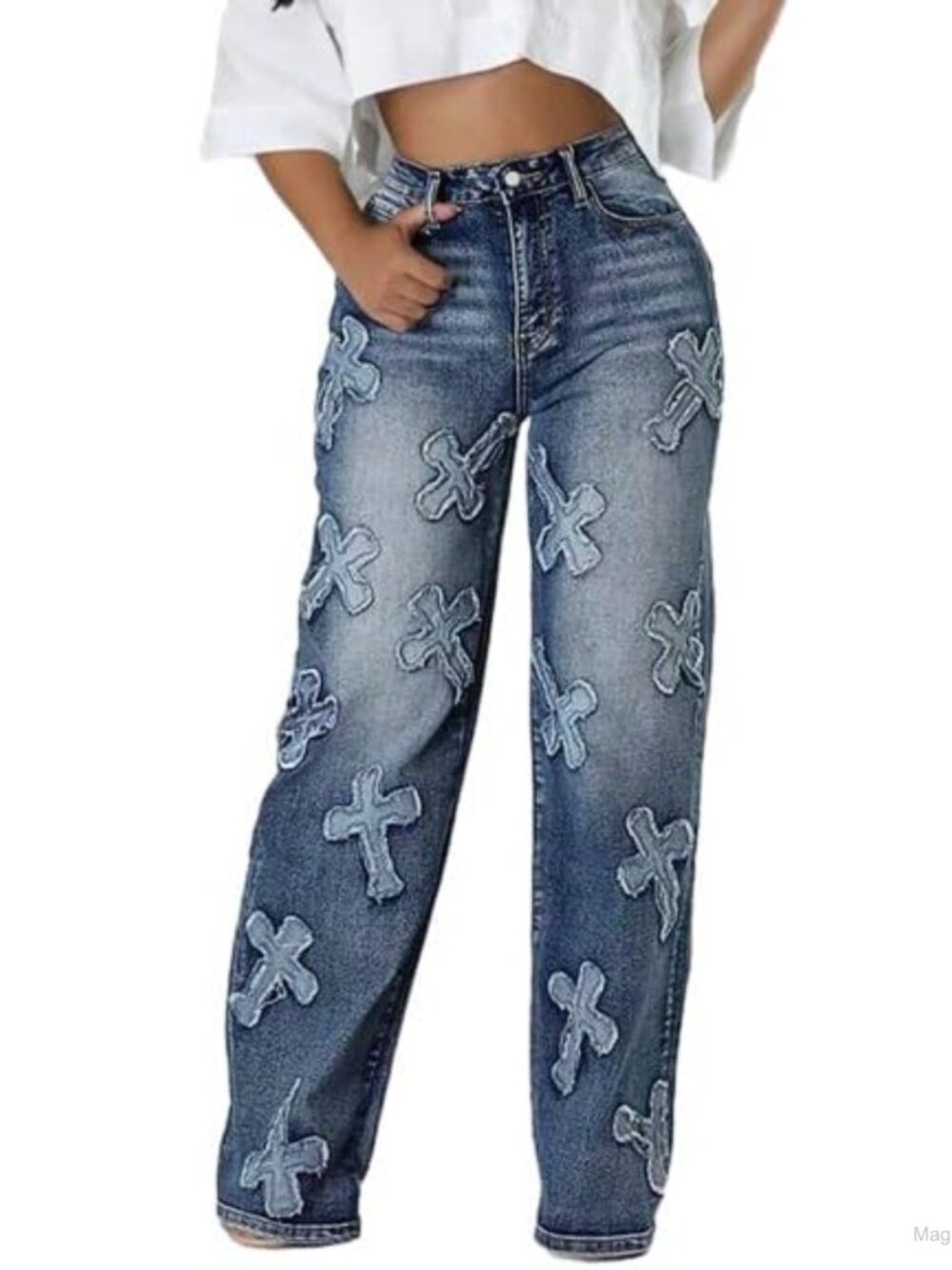 Women's Baggy Wide Leg High Waist Embroidered Jeans
